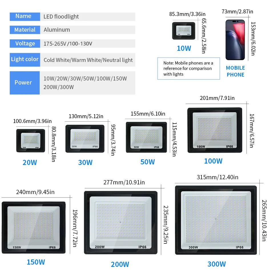 LED Floodlight 10-300W IP66 Waterproof Outdoor Security Light